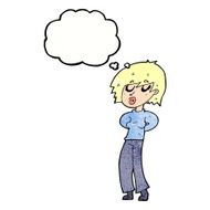 cartoon woman whistling with thought bubble N11