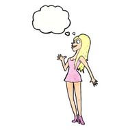 cartoon woman in pink dress with thought bubble N11