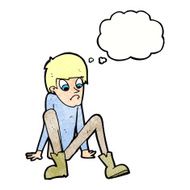 cartoon boy sitting on floor with thought bubble N11