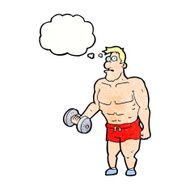 cartoon man lifting weights with thought bubble N11