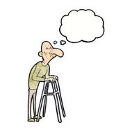 cartoon old man with walking frame thought bubble N11