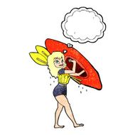 cartoon woman carrying canoe with thought bubble N9