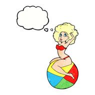 cartoon pin up girl sitting on ball with thought bubble N11