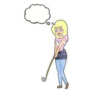 cartoon woman playing golf with thought bubble N20