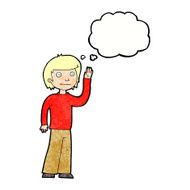 cartoon friendly boy waving with thought bubble N11