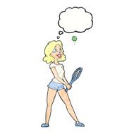 cartoon woman playing tennis with thought bubble N9
