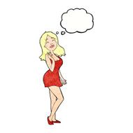 cartoon pretty woman in cocktail dress with thought bubble N10
