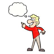 cartoon man pointing and laughing with thought bubble N31