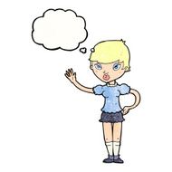 cartoon woman waving with thought bubble N339