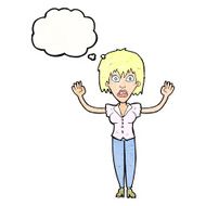 cartoon woman stressing out with thought bubble N22