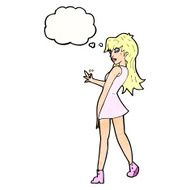 cartoon woman posing in dress with thought bubble N38