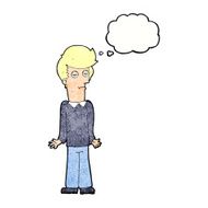 cartoon bored man shrugging shoulders with thought bubble N11