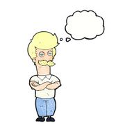cartoon mustache muscle man with thought bubble N10