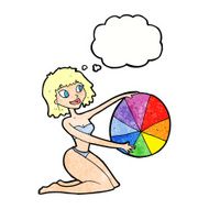 cartoon bikini girl with beach ball thought bubble N10
