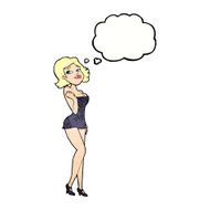 cartoon attractive woman in short dress with thought bubble N10