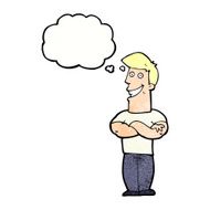 cartoon grinning man with thought bubble N89
