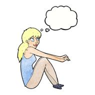 cartoon happy woman sitting with thought bubble N18