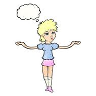 cartoon woman shrugging shoulders with thought bubble N495