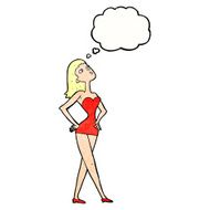 cartoon woman in party dress with thought bubble N10