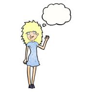 cartoon happy woman waving with thought bubble N10