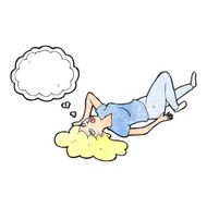 cartoon woman lying on floor with thought bubble N20