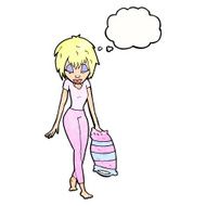cartoon woman going to bed with thought bubble N9