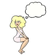 cartoon sitting woman in dress with thought bubble N11