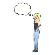cartoon pretty woman shrugging shoulders with thought bubble N11