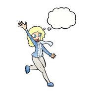 cartoon woman waving dressed for winter with thought bubble N11