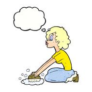 cartoon woman scrubbing floor with thought bubble N9