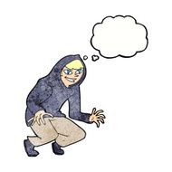 cartoon mischievous boy in hooded top with thought bubble N9