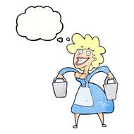 cartoon milkmaid carrying buckets with thought bubble N11