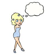 cartoon woman posing in dress with thought bubble N39