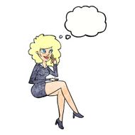 cartoon office woman sitting with thought bubble N11