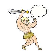 cartoon barbarian hero with thought bubble N9