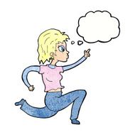 cartoon woman running and pointing with thought bubble N10