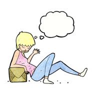 cartoon woman leaning on package box with thought bubble N11