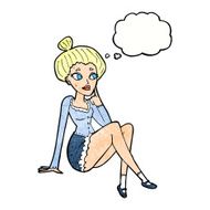 cartoon attractive woman sitting thinking with thought bubble N10