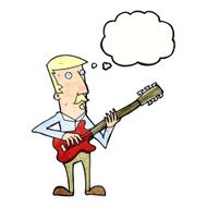 cartoon man playing electric guitar with thought bubble N21