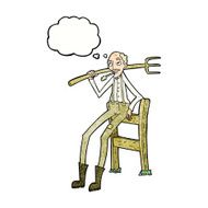 cartoon old farmer leaning on fence with thought bubble N8