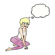 cartoon happy woman sitting on floor with thought bubble N21
