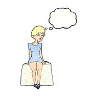 cartoon curious woman sitting with thought bubble N11