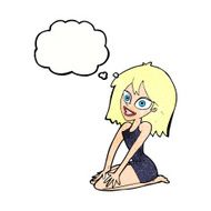 cartoon happy woman in dress with thought bubble N27
