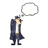 cartoon man in hat and trench coat with thought bubble N10