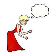 cartoon woman in dress gesturing with thought bubble N11
