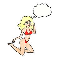 cartoon woman in underwear looking thoughtful with thought bubbl N11