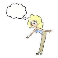 cartoon woman reaching to pick something up with thought bubble N11