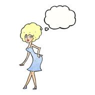 cartoon woman posing in dress with thought bubble N40