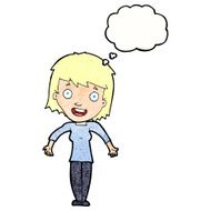 cartoon woman shrugging shoulders with thought bubble N496
