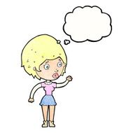 cartoon woman waving with thought bubble N341